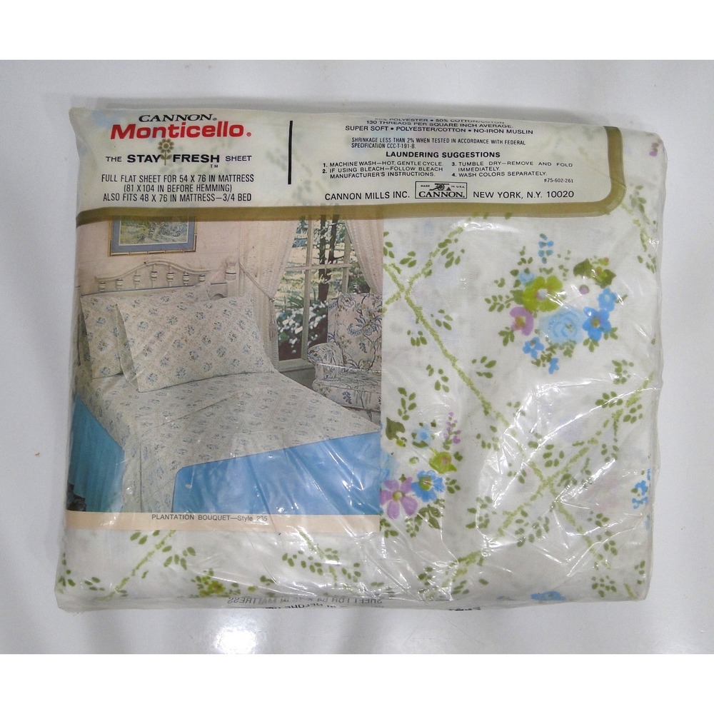 Vintage Cannon Monticello Full Flat Sheet Plantation Bouquet Floral Muslin USA